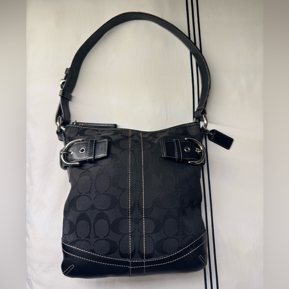 Vintage COACH Signature Small Soft Duffel (3577) Black Jacquard Canvas + Leather